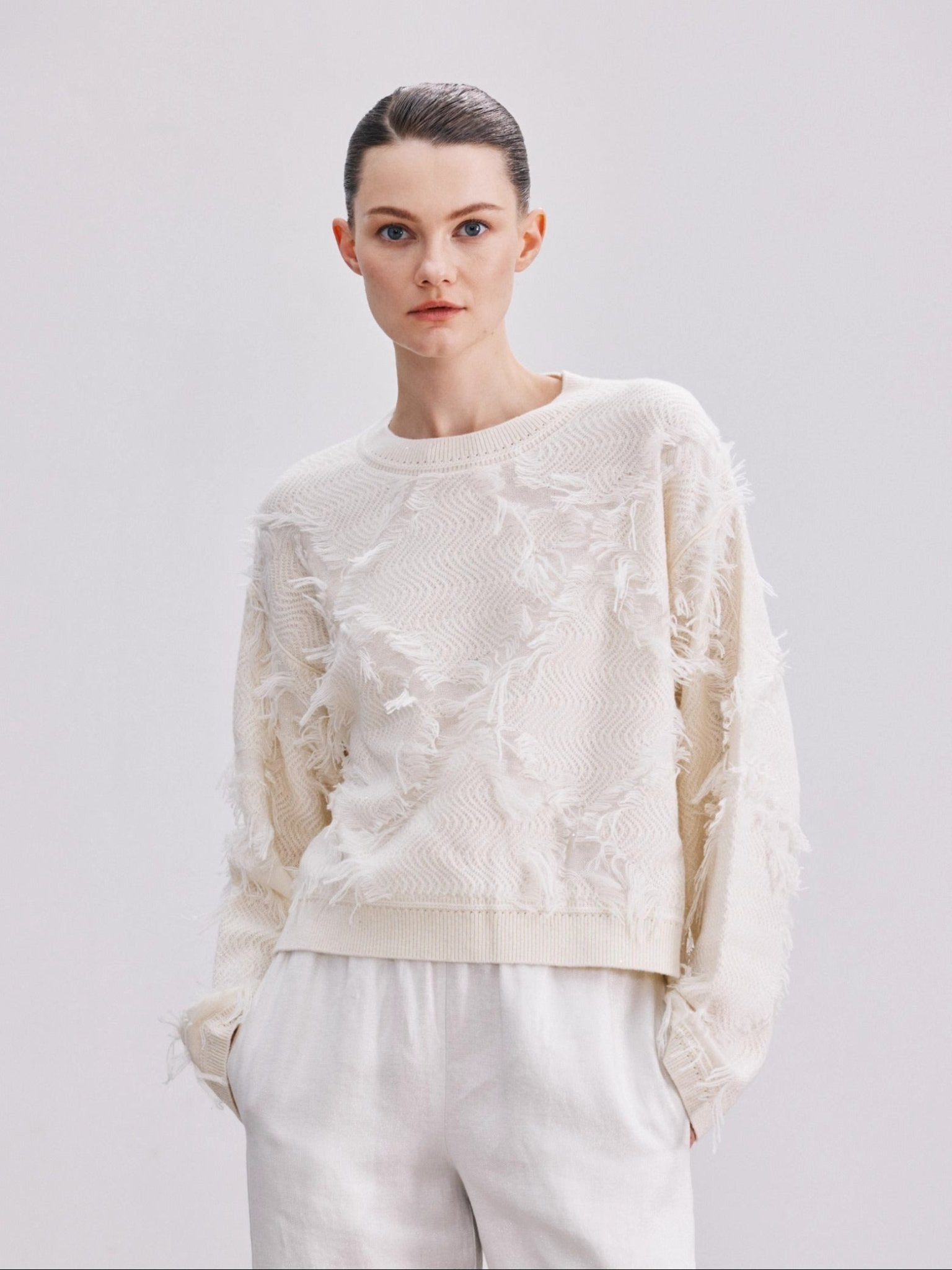 Tiitaa.com × Tiitaa: Fringe Pullover Sweater(Check Below Same Price With Taobao） runway look in White