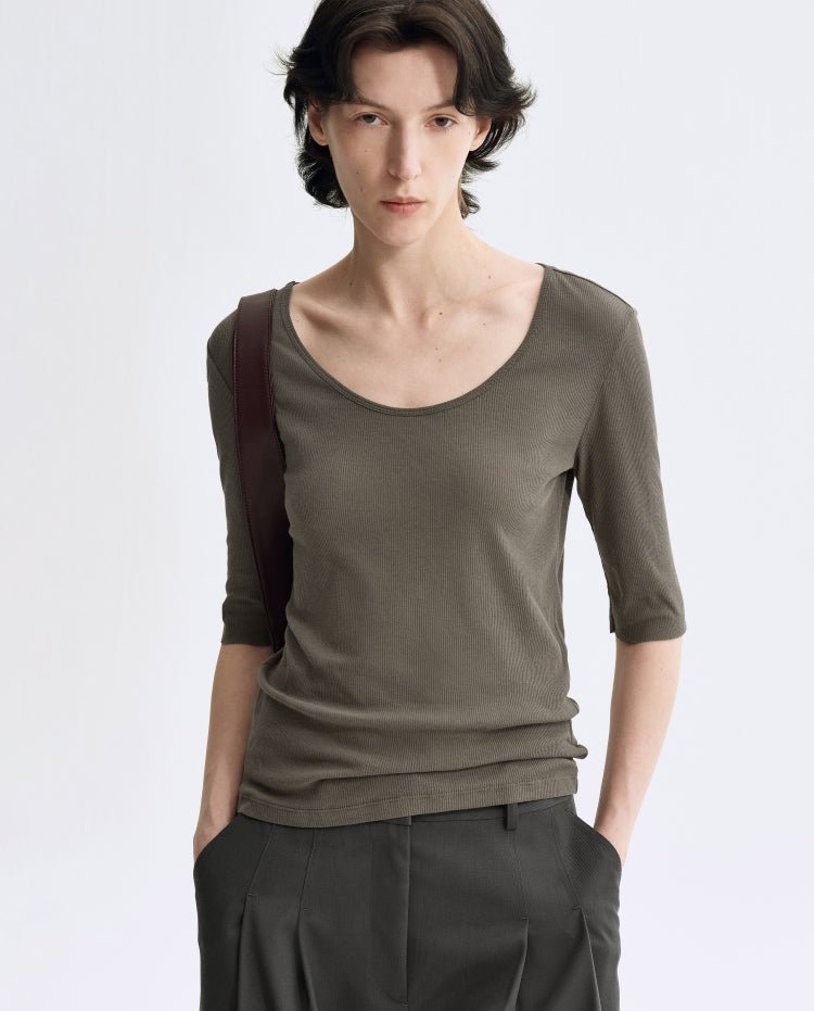 Tiitaa.com × Tiitaa: Slim fit T-shirt with seven - quarter sleeves(Check Below Same Price With Tmall） runway look in Gray - Green