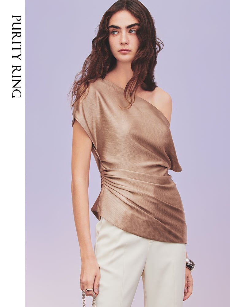 Tiitaa.com × Tiitaa: Asymmetric Design Satin Top(Check Below Same Price With Tmall） runway look in Mocha