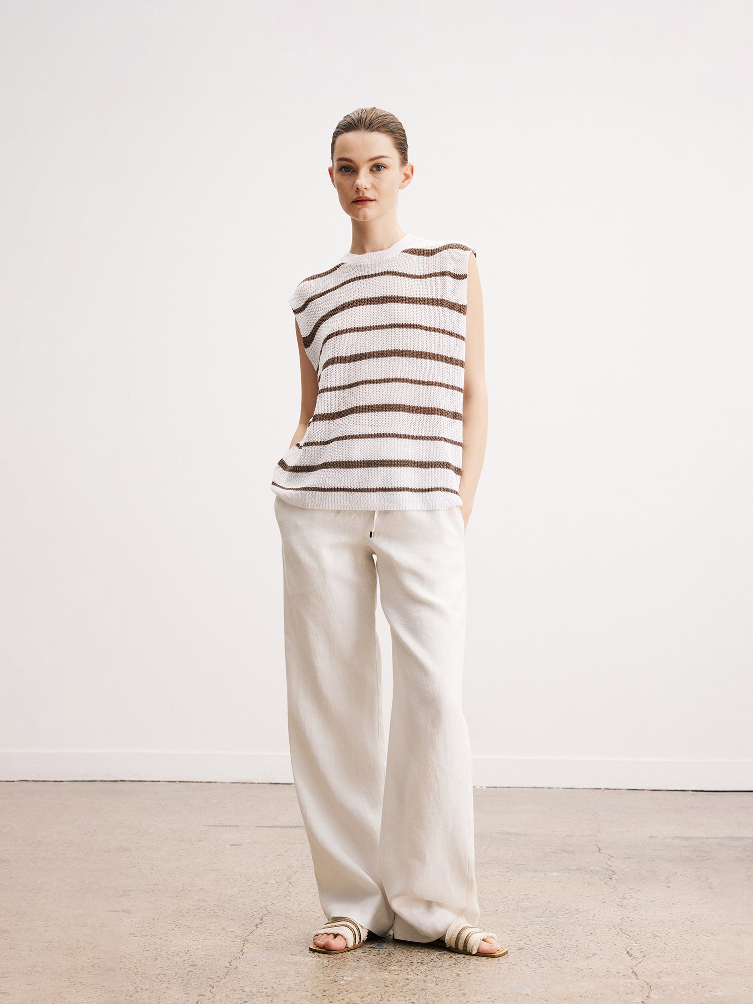 Tiitaa.com × Tiitaa: Linen Round Neck Sleeveless Jumper(Check Below Same Price With Taobao） runway look in Brown Stripe