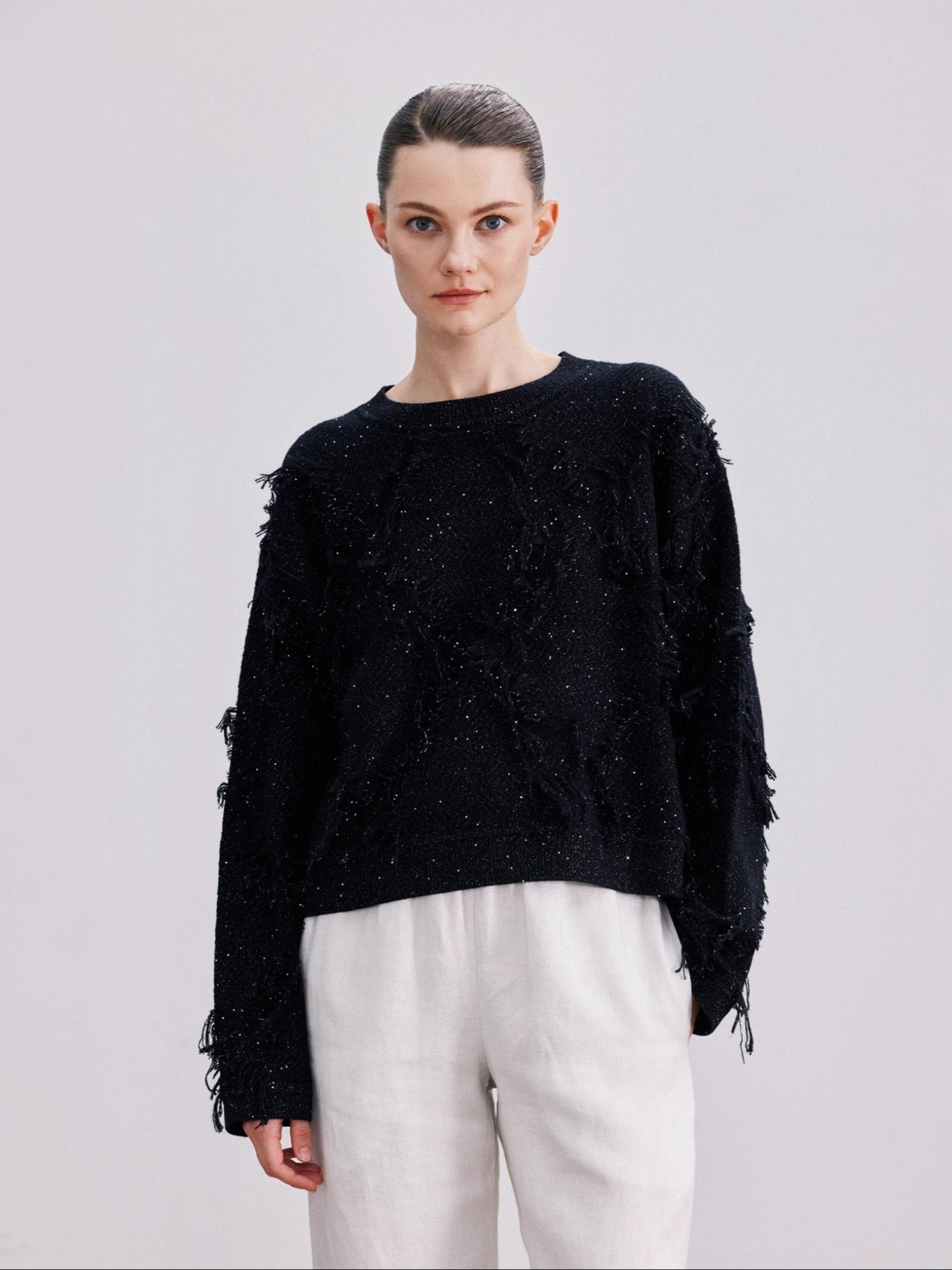 Tiitaa.com × Tiitaa: Fringe Pullover Sweater(Check Below Same Price With Taobao） runway look in Black