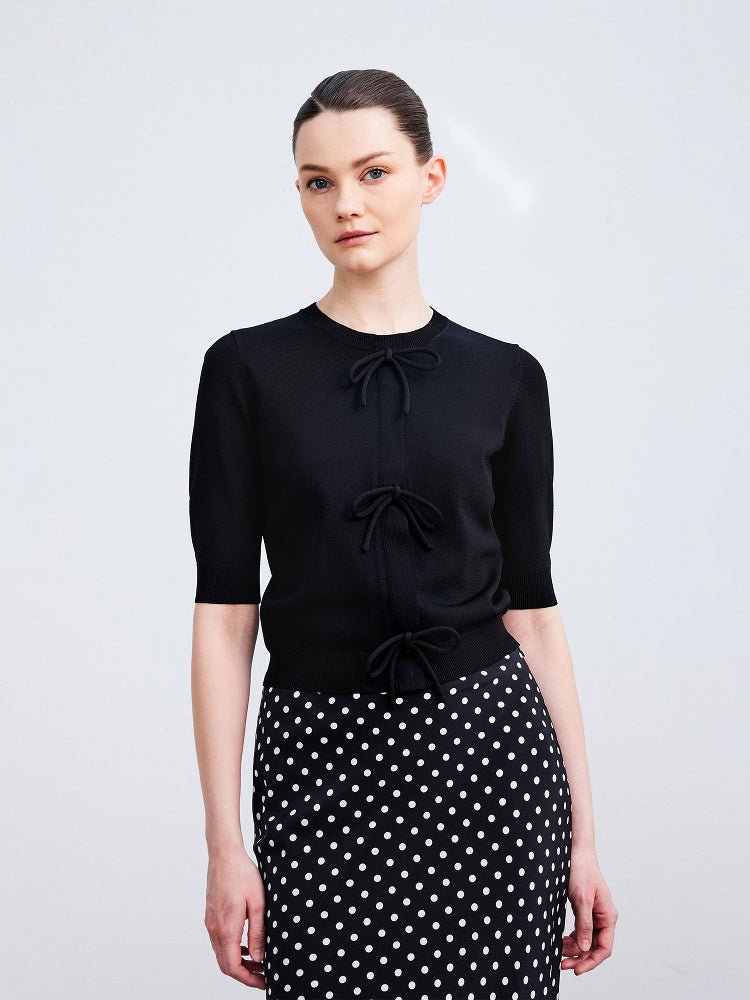 Tiitaa.com × Tiitaa: Round Neck Bow Knit Short Sleeve(Check Below Same Price With Taobao） runway look in Black