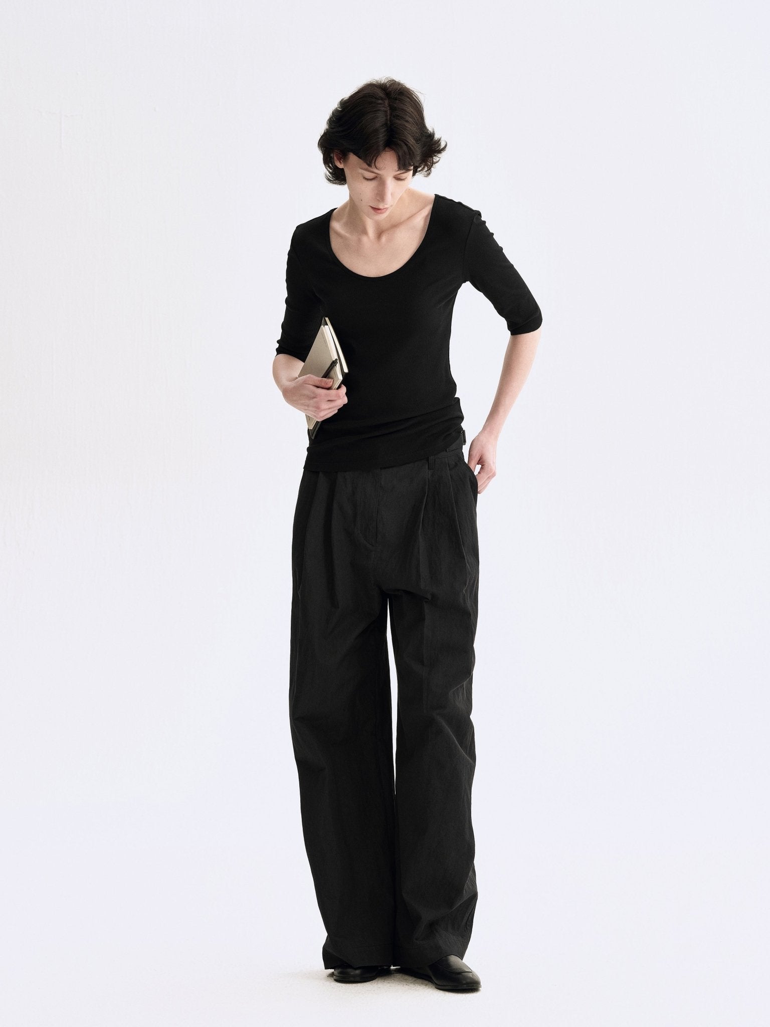 Tiitaa.com × Tiitaa: Slim fit T-shirt with seven - quarter sleeves(Check Below Same Price With Tmall） runway look in Black