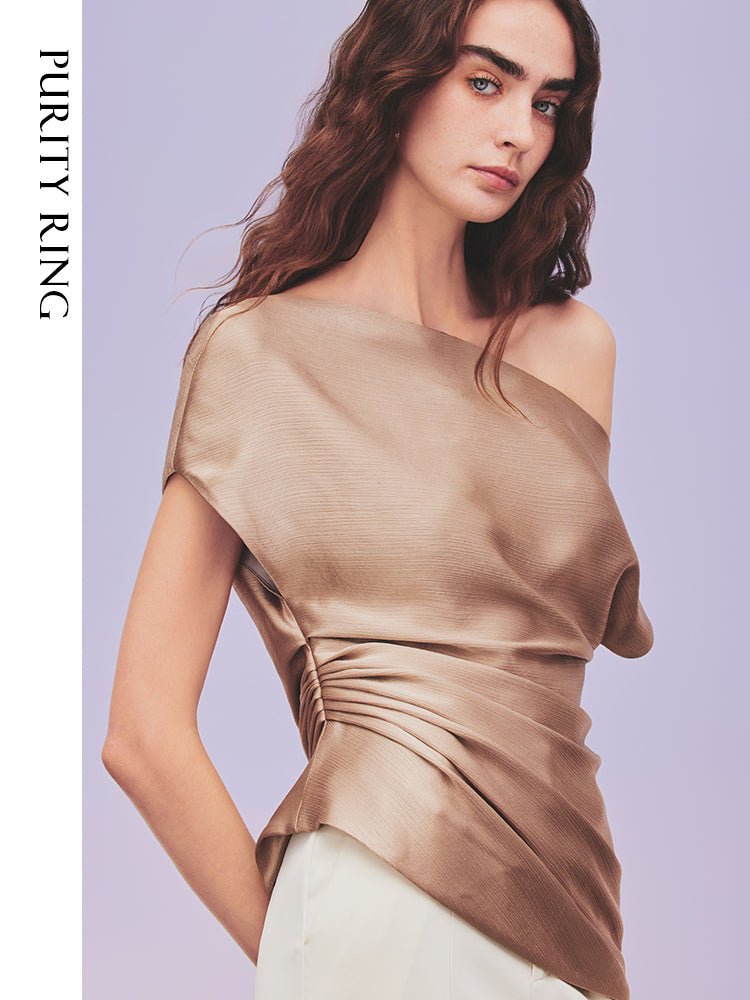 Tiitaa.com × Tiitaa: Asymmetric Design Satin Top(Check Below Same Price With Tmall） runway look in Mocha