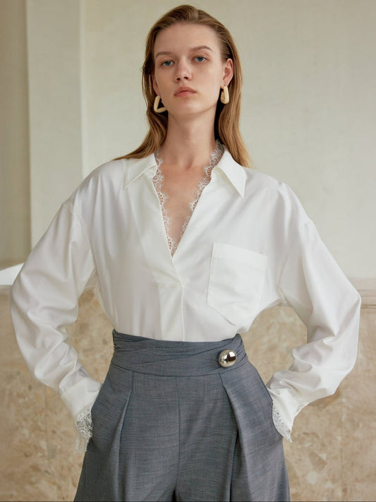 Tiitaa.com × Tiitaa: Lace Splicing V - Neck Straight Shirt(Check Below Same Price With Tmall） runway look in 6 - 8