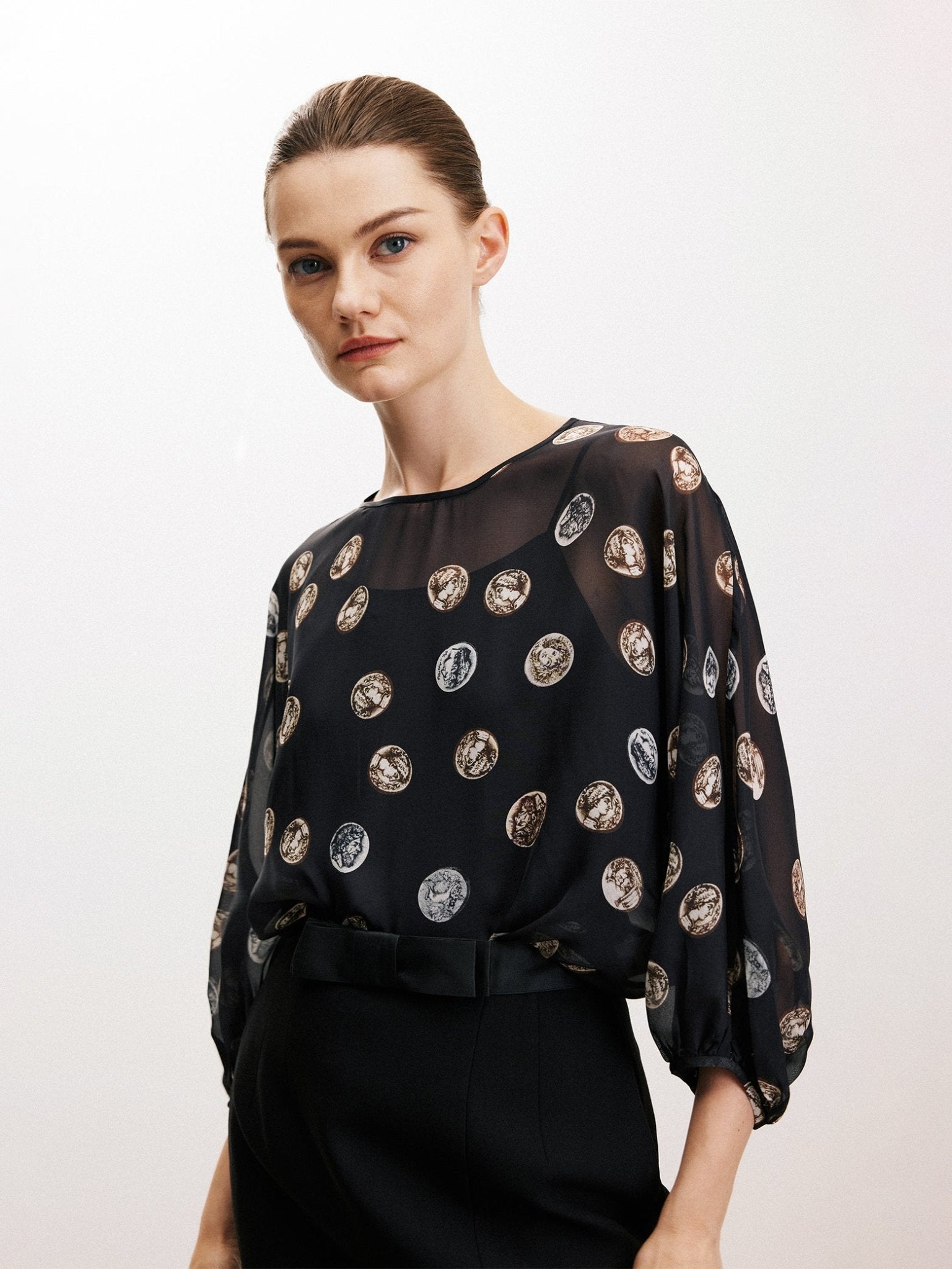 Tiitaa.com × Tiitaa: Polka Dot Printed Round Neck Silk Top(Check Below Same Price With Taobao） runway look in 6 - 8