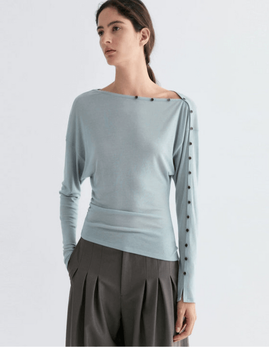 Tiitaa.com × Tiitaa: Slant Shoulder One - line Collar Knit Long Sleeve(Check Below Same Price With Tmall） runway look in Blue