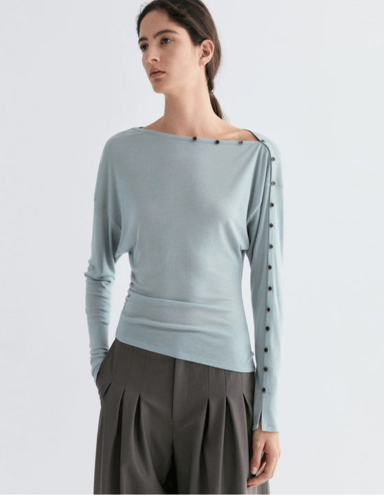 Tiitaa.com × Tiitaa: Slant Shoulder One - line Collar Knit Long Sleeve(Check Below Same Price With Tmall） runway look in Blue
