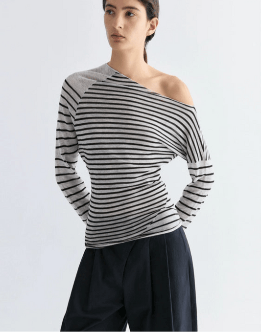 Tiitaa.com × Tiitaa: Slanted Shoulder Striped Knit Sweater(Check Below Same Price With Tmall） runway look in 4