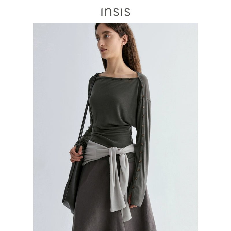 Tiitaa.com × Tiitaa: Slant Shoulder One - line Collar Knit Long Sleeve(Check Below Same Price With Tmall） runway look in Gray