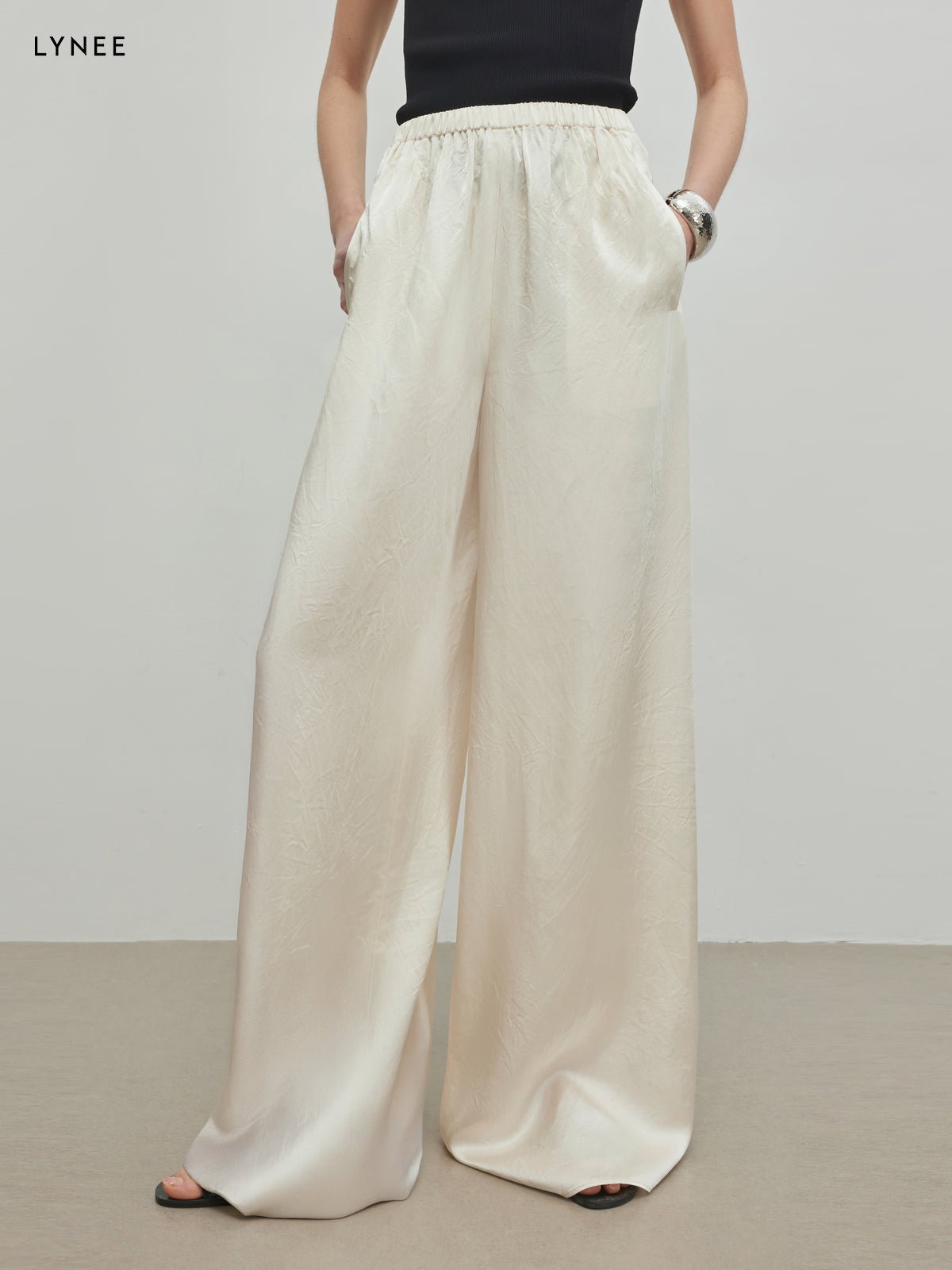 Tiitaa.com × Tiitaa: Acetate Textured Casual Wide Leg Pants(Check Below Same Price With Tmall） runway look in Cream