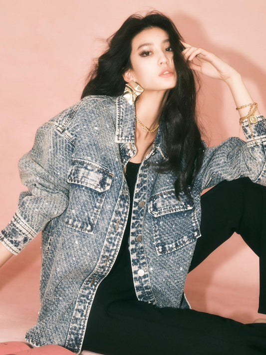 Tiitaa.com × Tiitaa: Cotton Hot Stamped Rhinestone Denim Jacket(Check Below Same Price With Taobao） runway look in 6 - 8