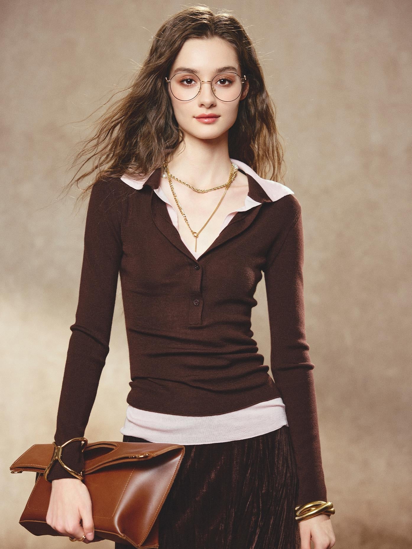 Tiitaa.com × Tiitaa: Wool Double Layer Color Block Knit(Check Below Same Price With Taobao） runway look in Reddish brown with pink